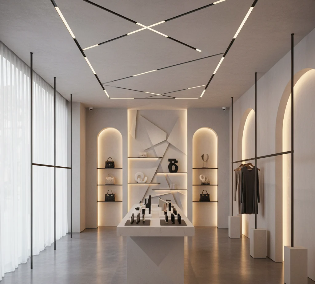 Boutique de luxe avec arches rétroéclairées et plafond à lignes lumineuses