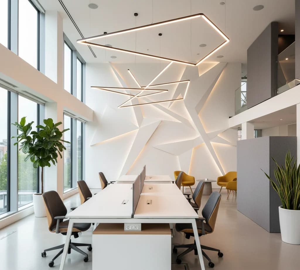 Open space lumineux avec mur sculpté géométrique et luminaires suspendus