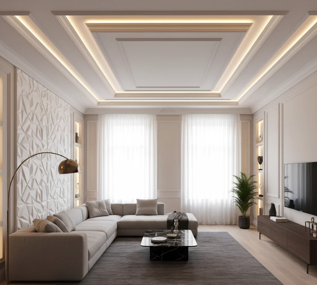 Faux plafond à gorges lumineuses dans un séjour contemporain