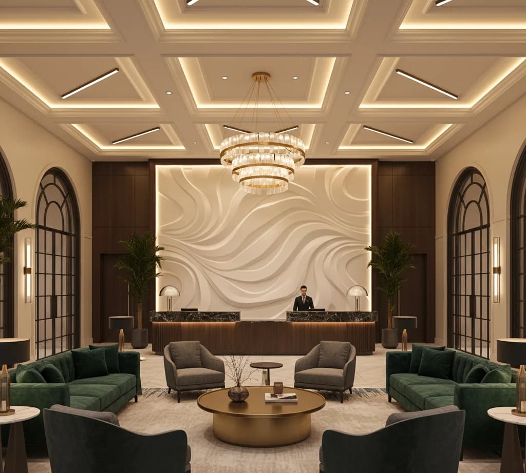 Lobby d'hôtel avec plafond à caissons lumineux et mur en relief ondulé