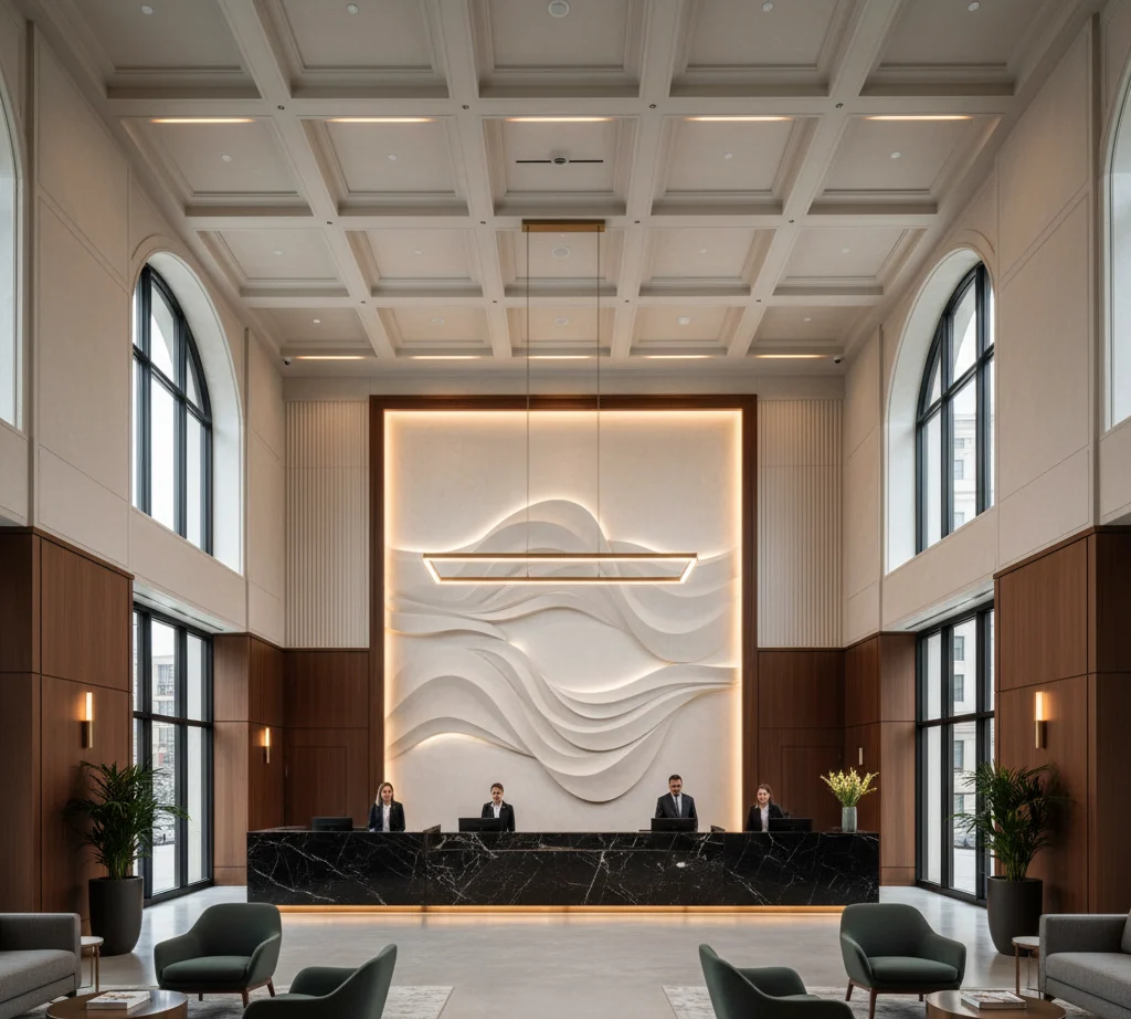 Hall d'institution avec plafond à caissons et mur sculpté rétroéclairé