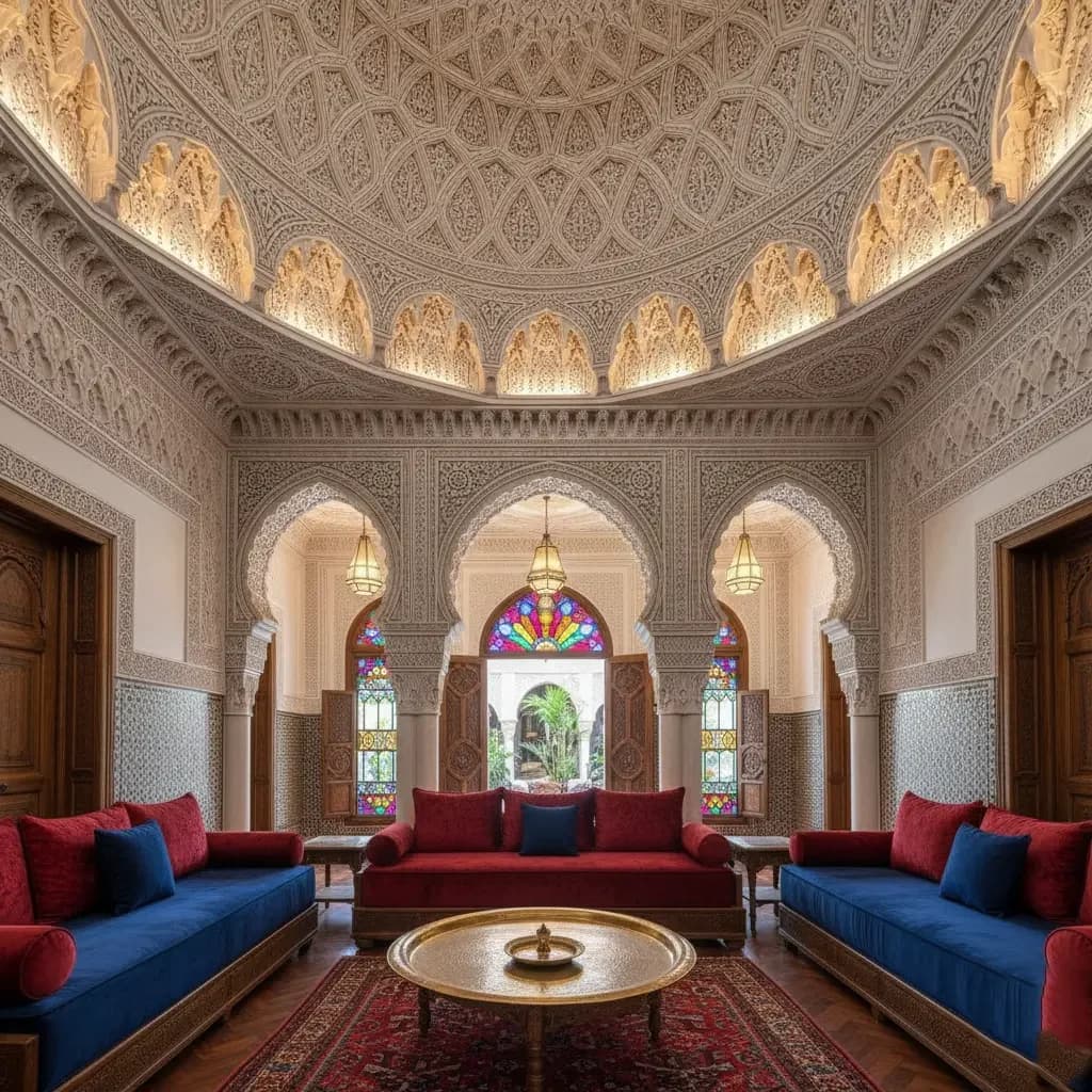 Salon marocain sous une coupole de gebs sculpté