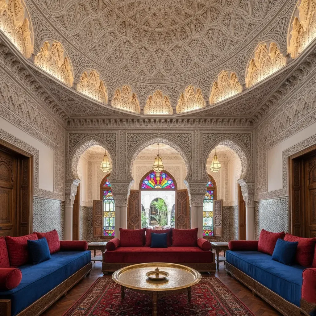 Salon marocain avec coupole et arcs en plâtre sculpté