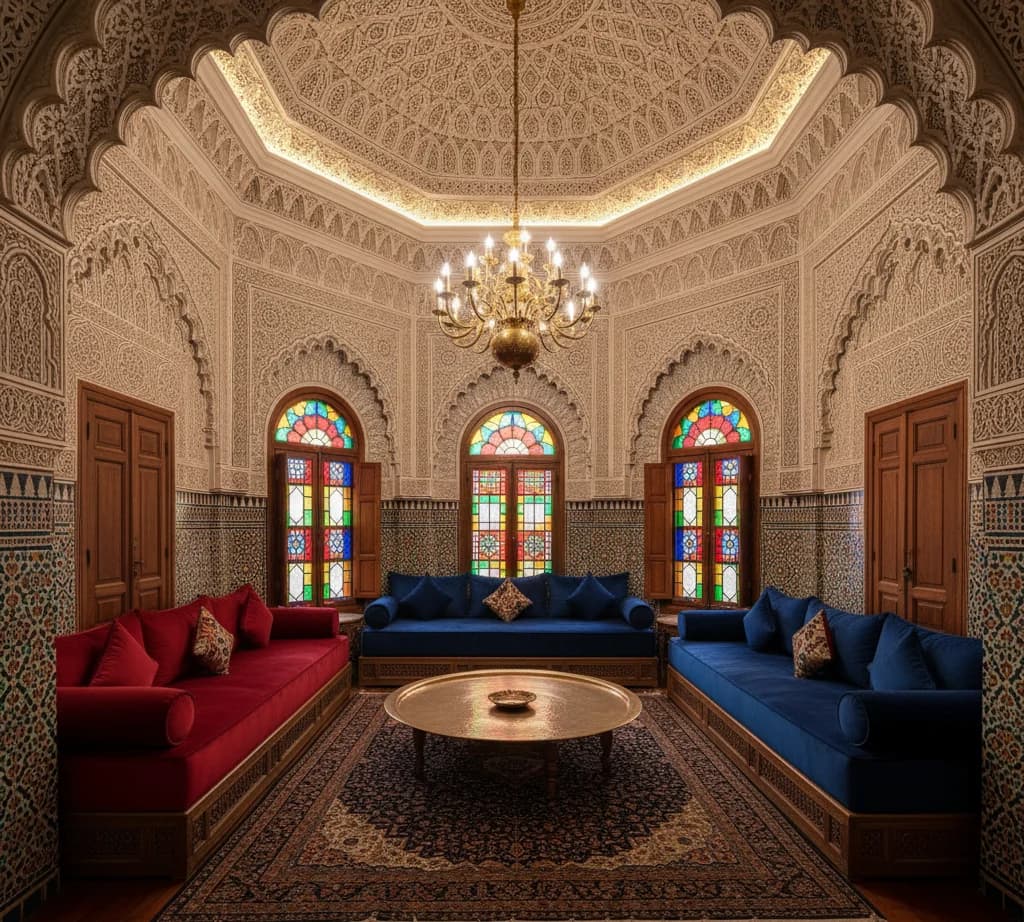 Salon marocain aux murs de gebs sculpté et vitraux colorés
