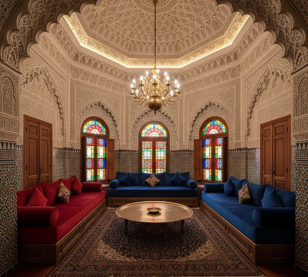 Salon marocain aux murs de plâtre sculpté et vitraux