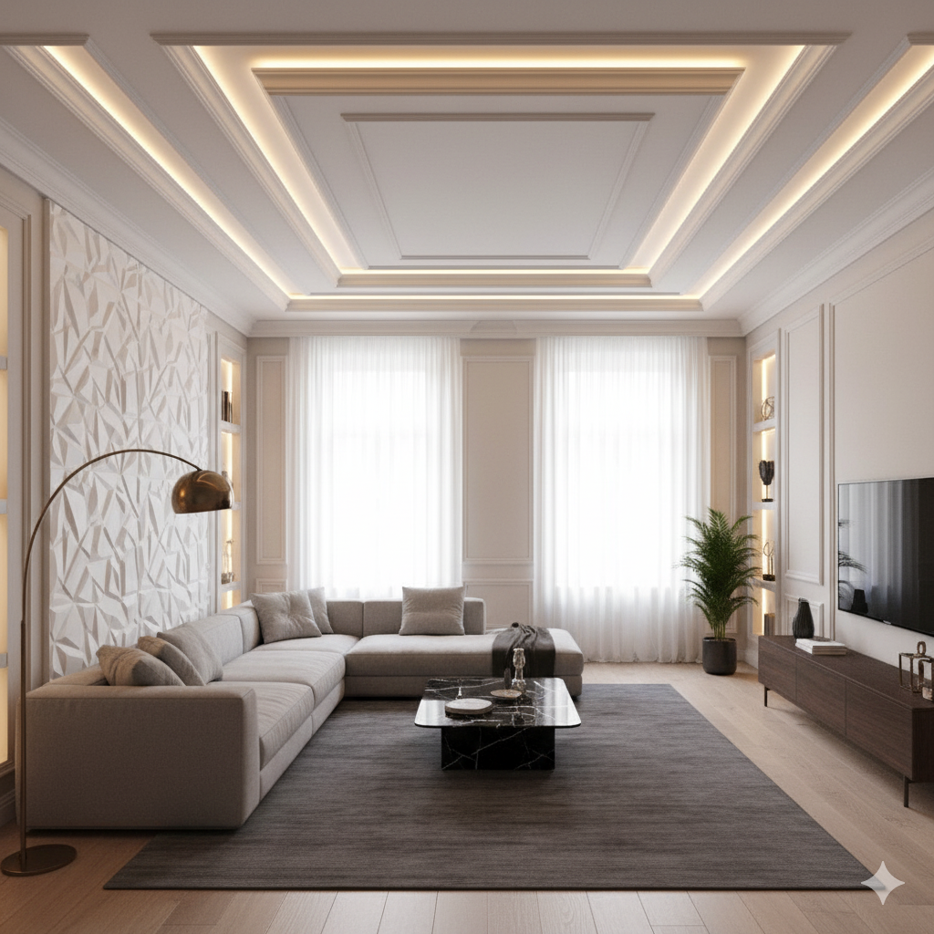 Salon avec décoration en plâtre